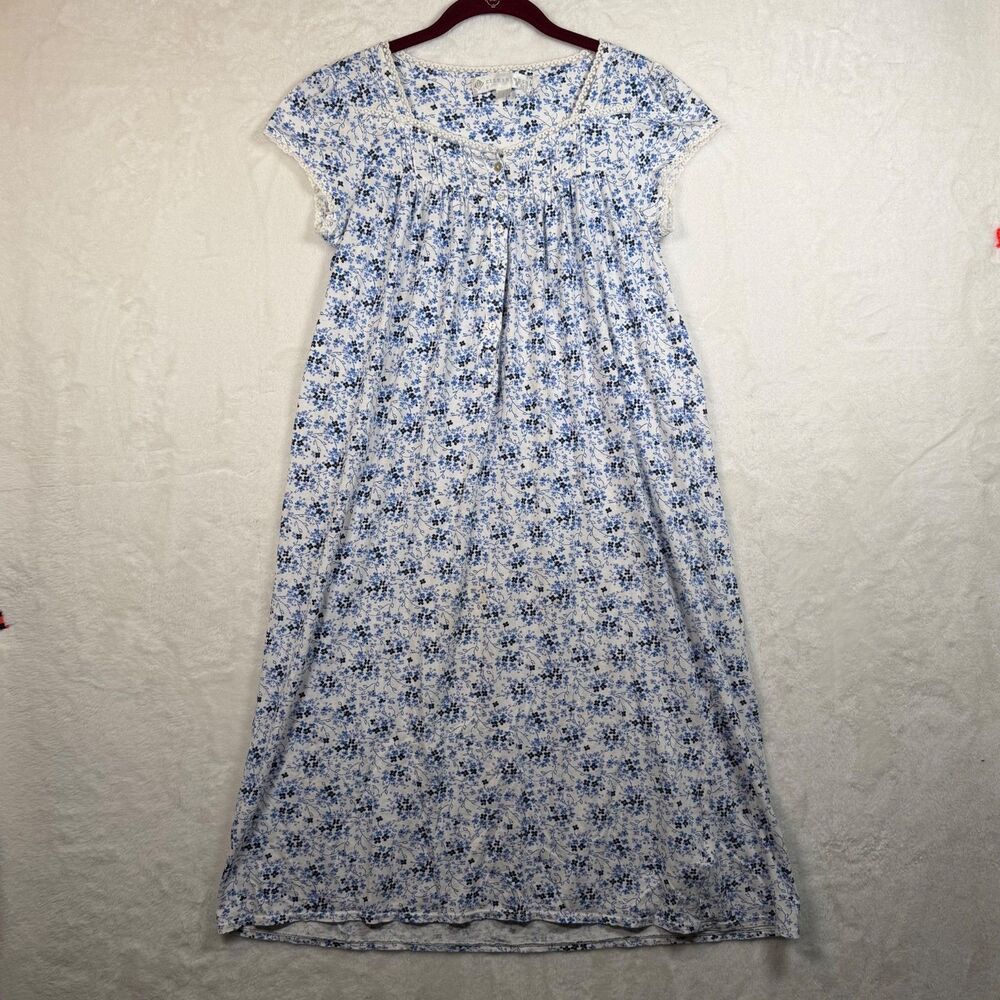 Eileen West Nightgown XS Blue Floral Cotton Modal Lace Trim Mother of Pearl